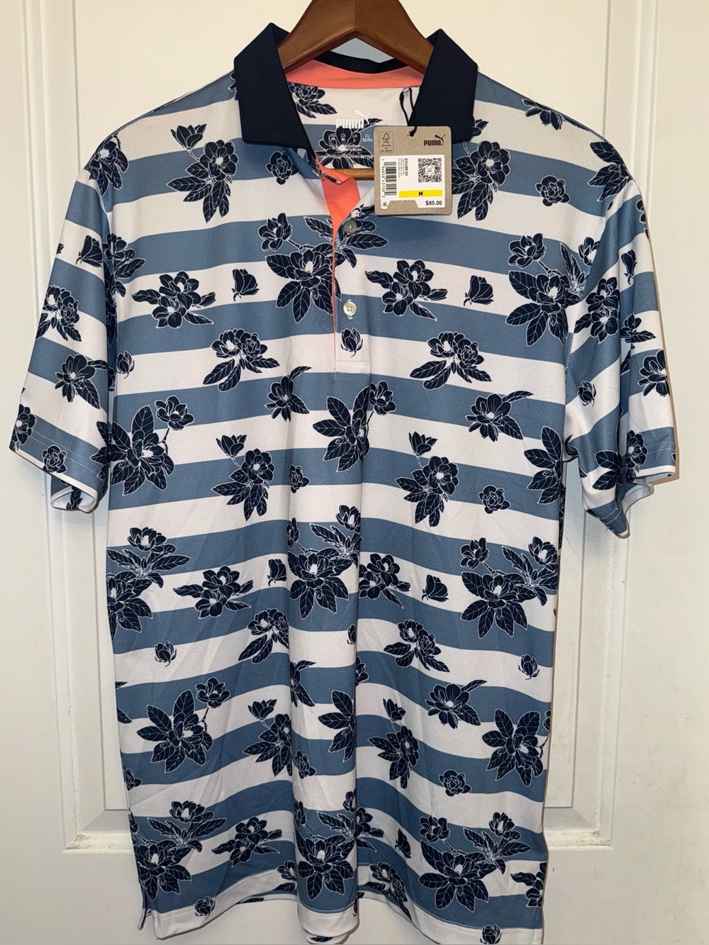 NWT Puma Golf Pique Garden Performance Polo in Zen Blue and Floral Stripes